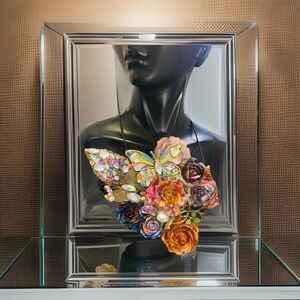 Extremely Ornate Butterfly & Floral Statement Bib Artisan Necklace Handmade 16"